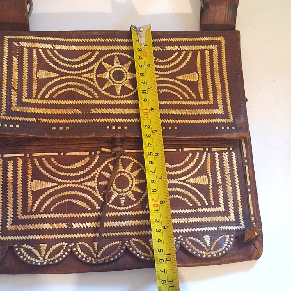 Antique Handmade Hide Leather Messenger Crossbody Bag Morrocan Style Embroidery